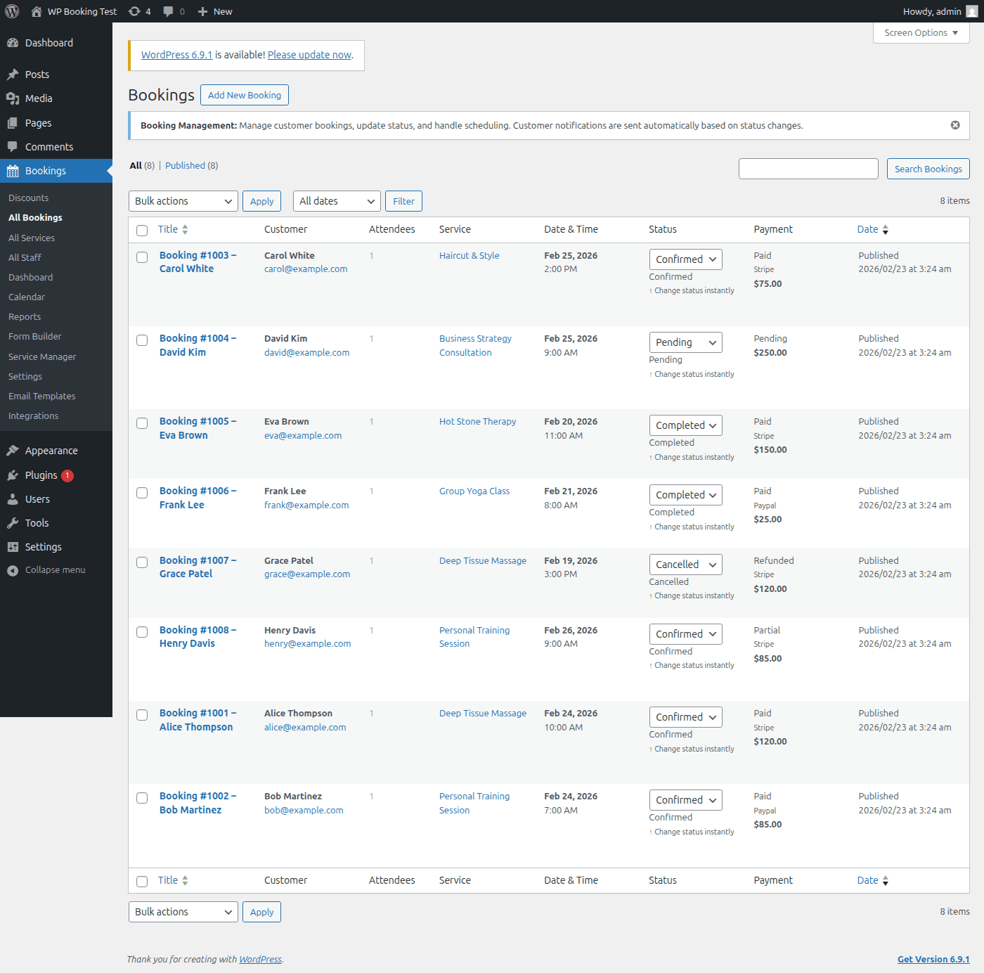 Booking list view showing status badges, payment info, and customer columns