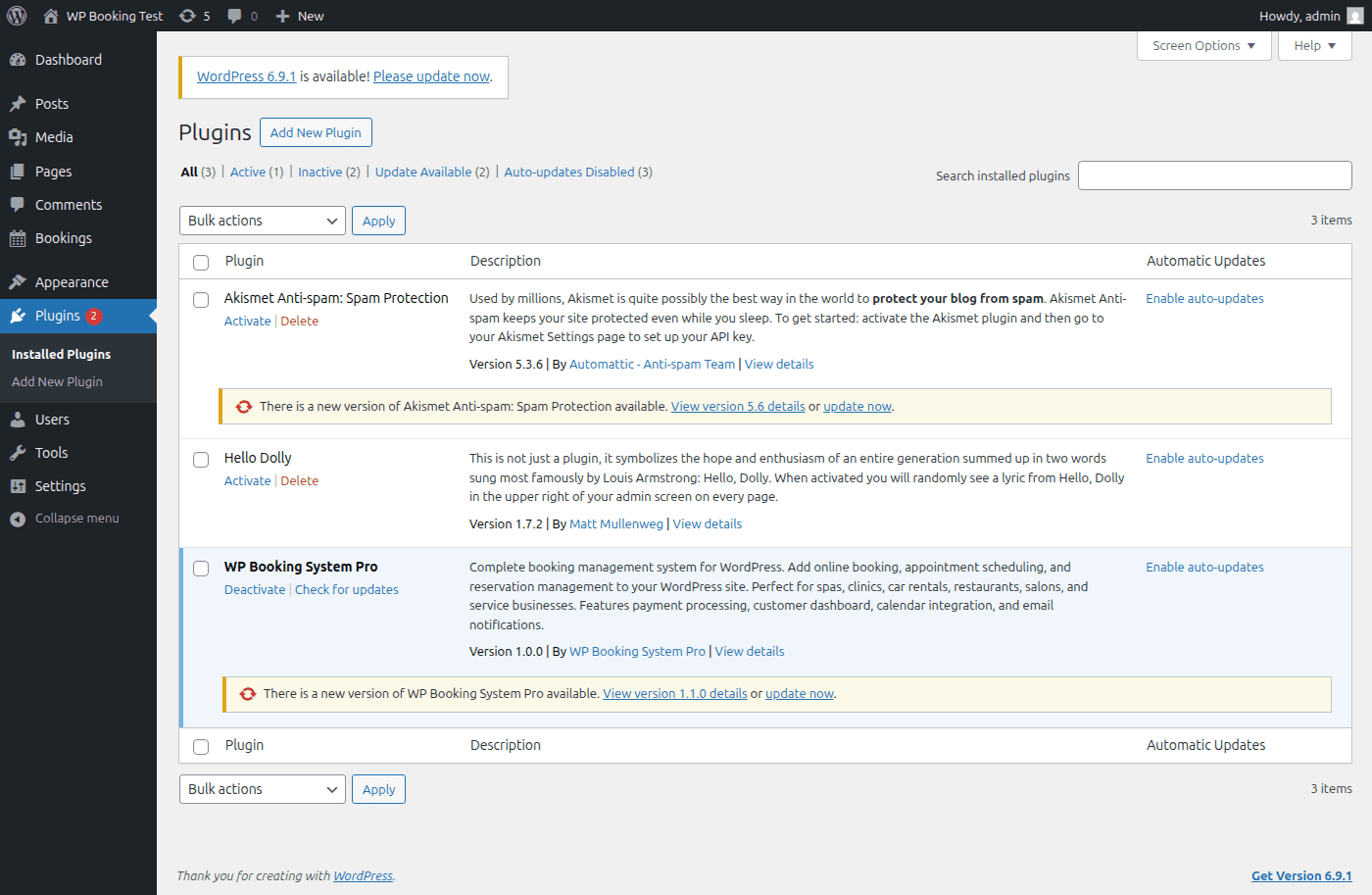 WP Booking System Pro activated on the WordPress plugins page