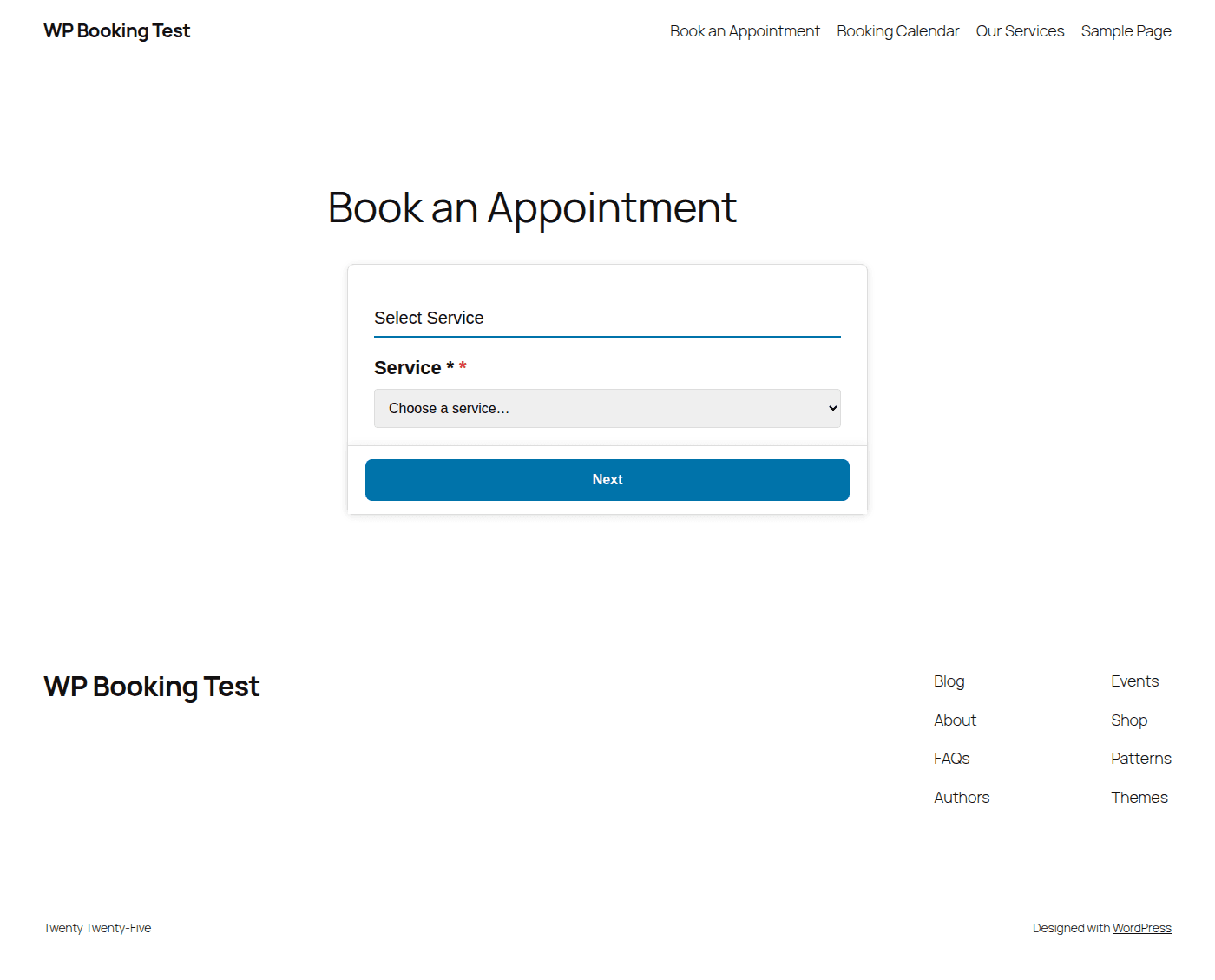 Customer dashboard showing the public booking form on the frontend