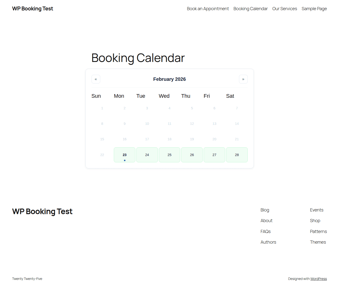 Calendar display embedded on a WordPress page showing available time slots