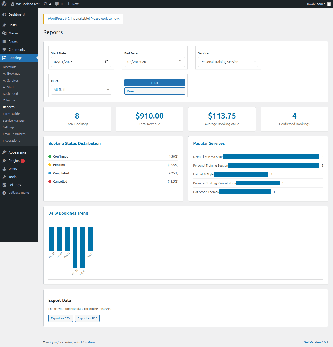 WP Booking System Pro Reports page showing booking statistics, revenue charts, and performance metrics