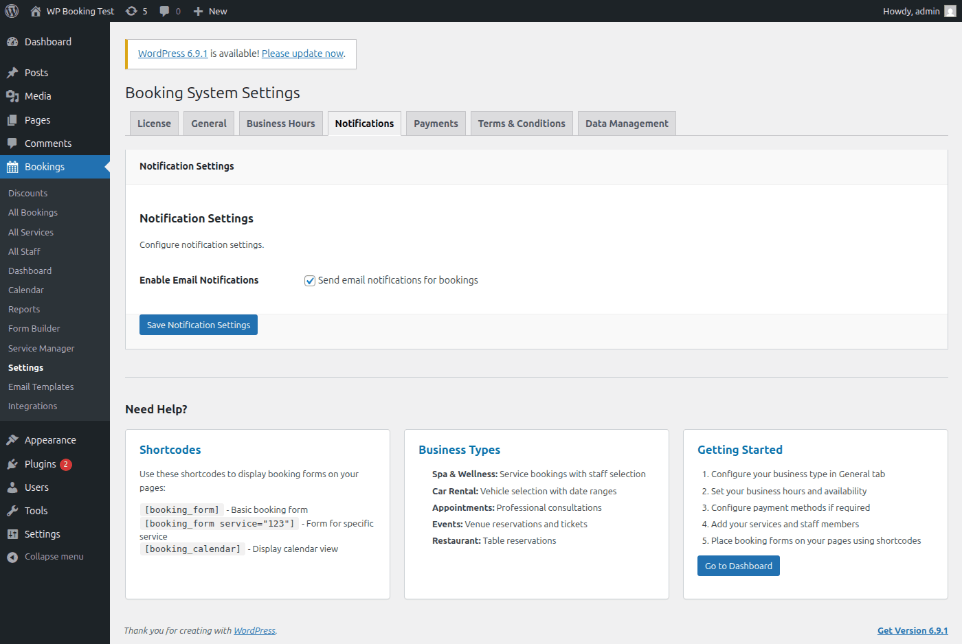 Notification settings tab with the global email notifications toggle