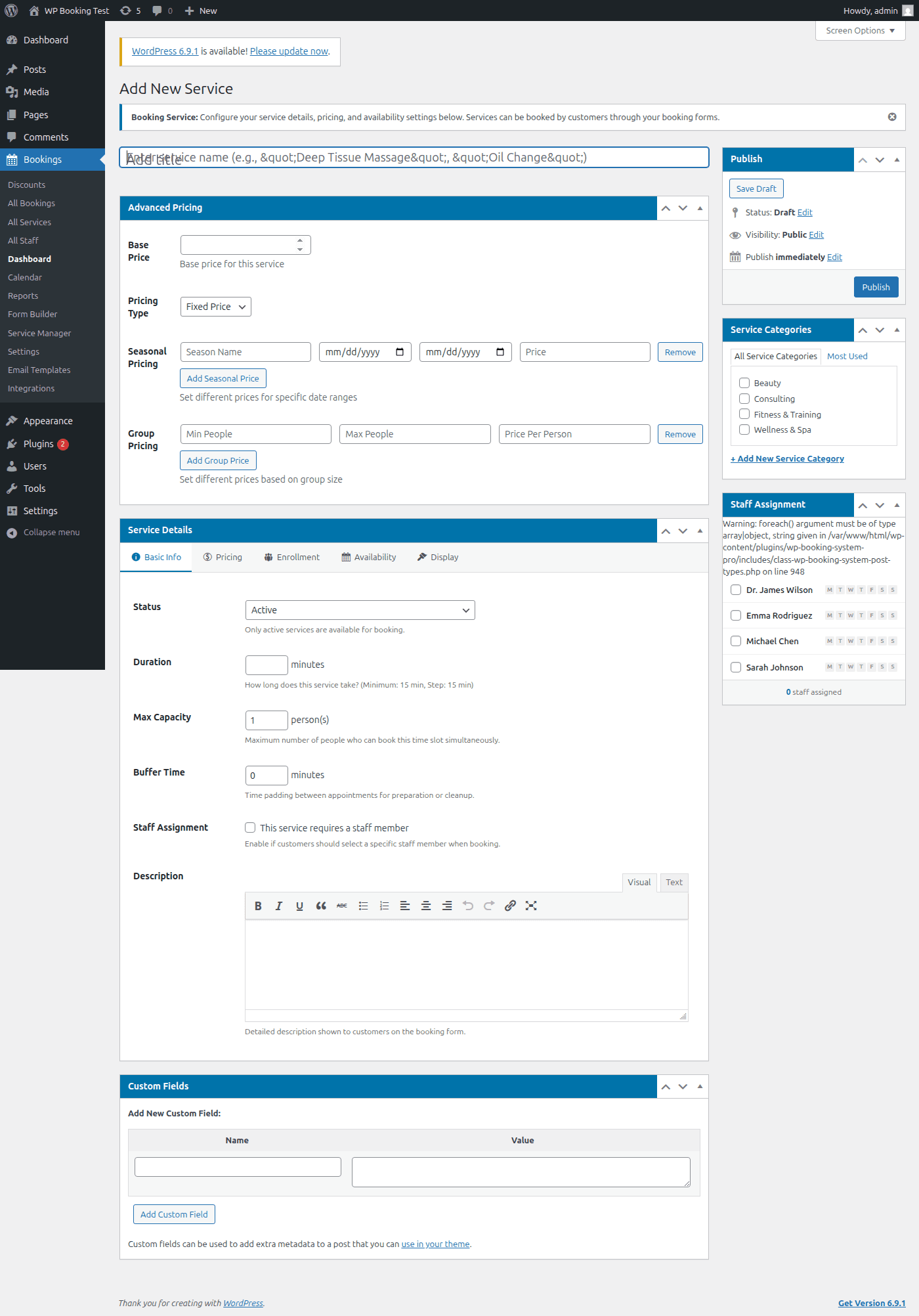 Blank new service form in WP Booking System Pro showing all empty fields ready to be configured