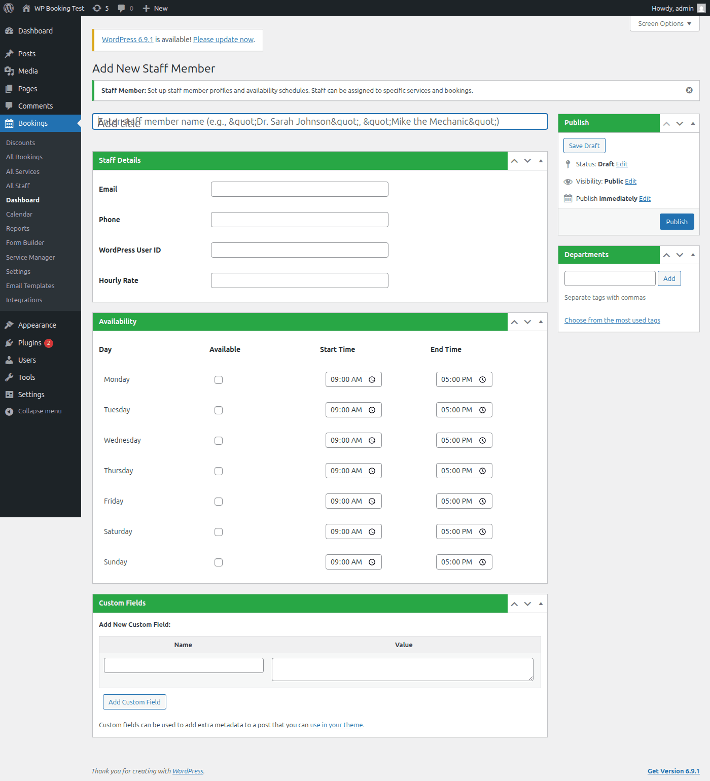 Add New Staff form showing empty fields for name, email, phone, hourly rate, and availability schedule
