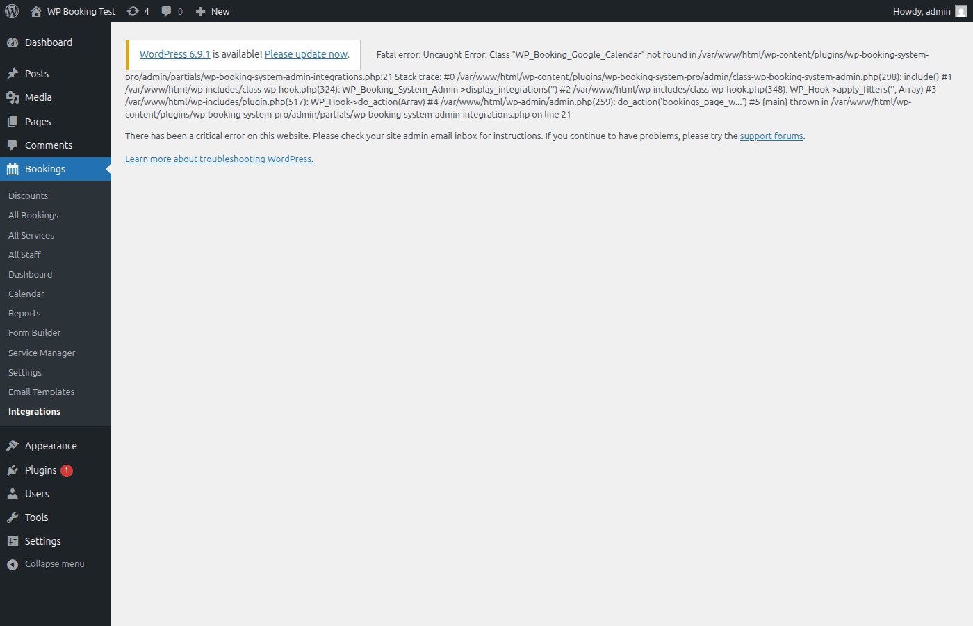 WP Booking System Pro integrations settings page showing Zoom, Google Meet, and Google Calendar configuration sections